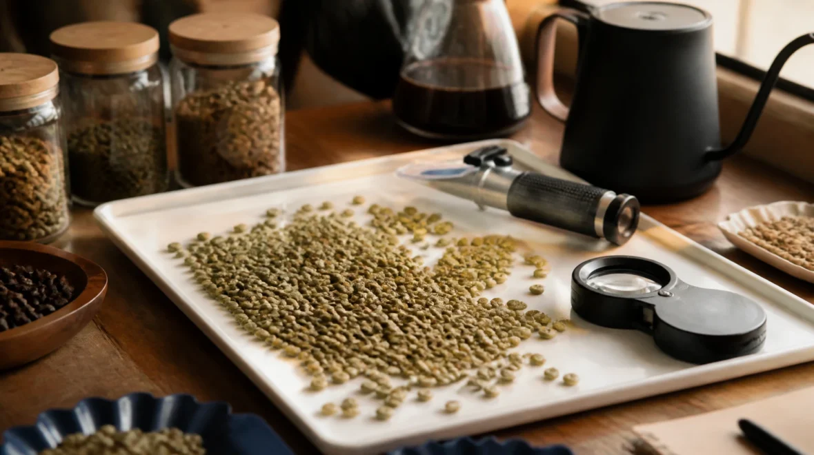 Green coffee beans on a white sorting tray with a magnifying glass and TDS refractometer for botanical inspection