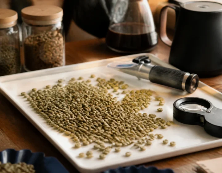 Green coffee beans on a white sorting tray with a magnifying glass and TDS refractometer for botanical inspection
