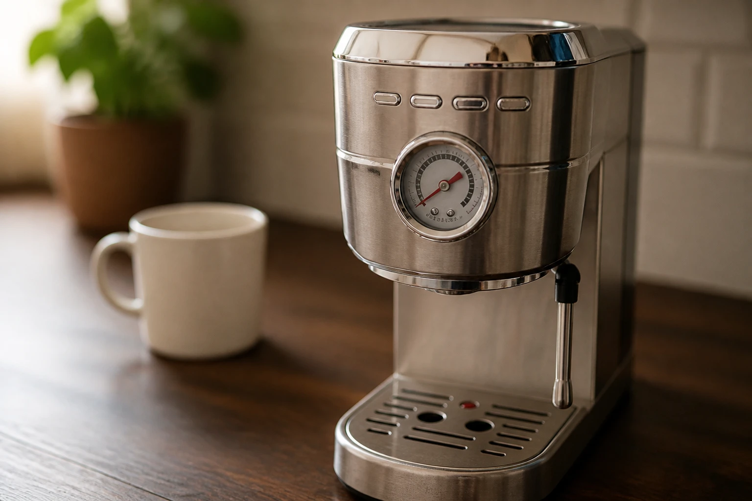 A compact silver espresso machine sits on a dark wood kitchen counter next to a white ceramic mug.