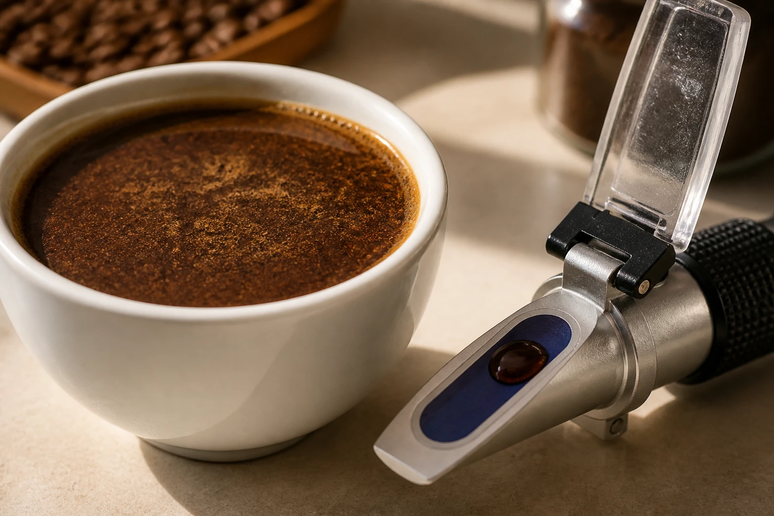 TDS refractometer measuring dissolved solids in a cup of coffee