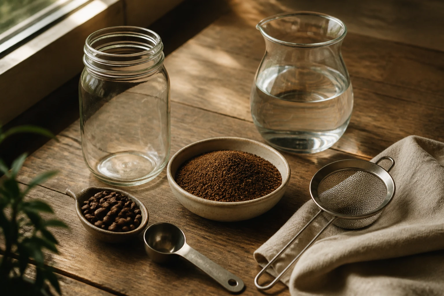 Flat lay arrangement of cold brew coffee ingredients including grounds, water, jar, and strainer.
