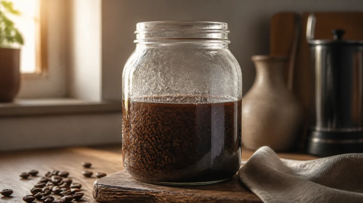 A glass jar of cold brew coffee concentrate with coarse grounds steeping in water on a kitchen counter.