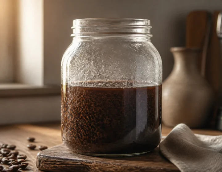 A glass jar of cold brew coffee concentrate with coarse grounds steeping in water on a kitchen counter.