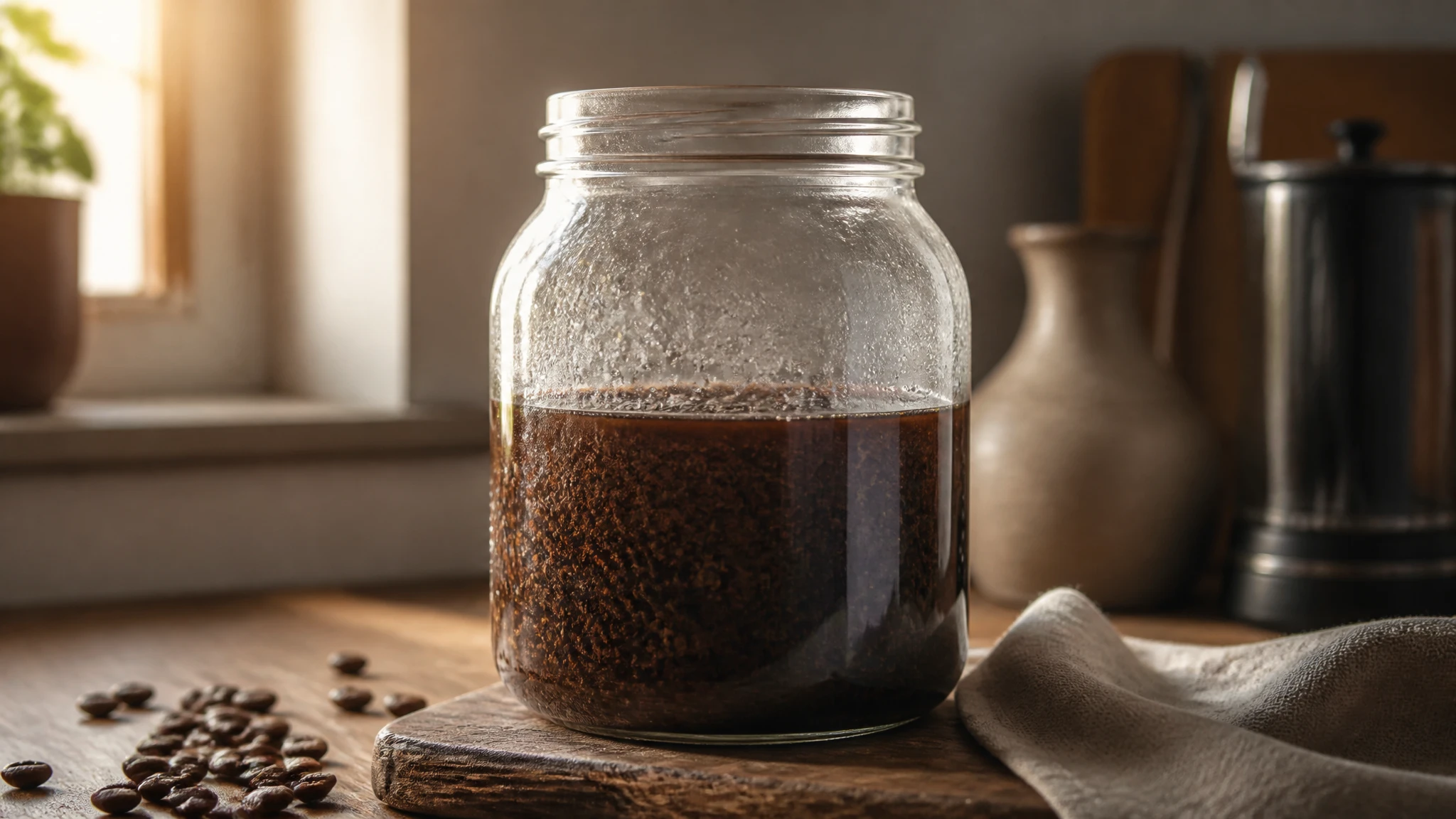 A glass jar of cold brew coffee concentrate with coarse grounds steeping in water on a kitchen counter.