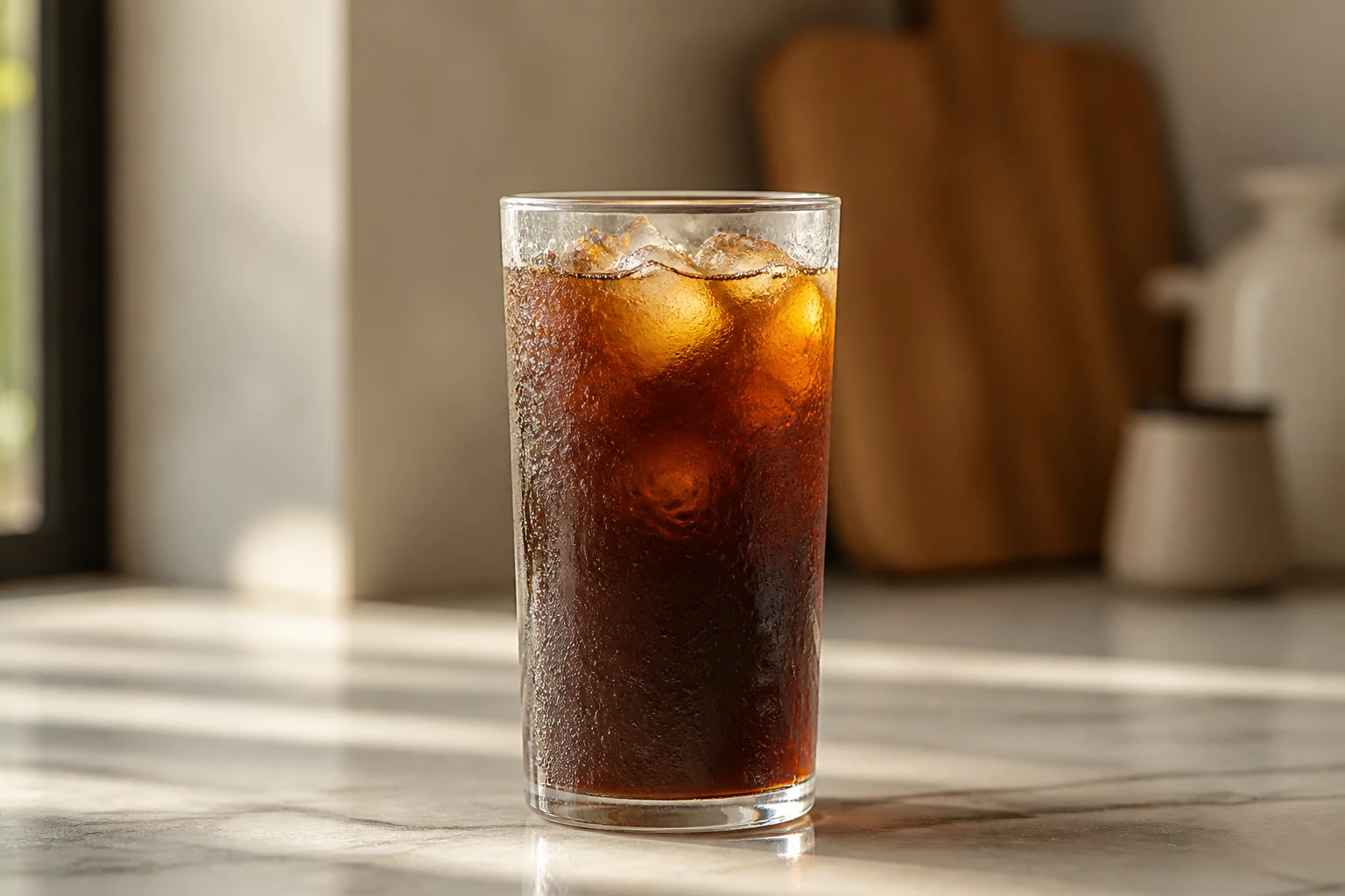 Tall glass of cold brew coffee over ice with condensation on the outside.