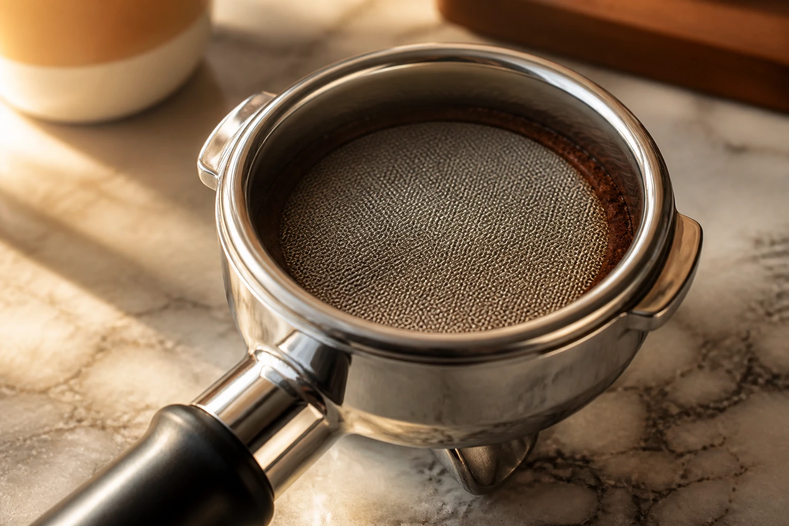 Close-up of espresso portafilter showing puck screen above tamped coffee grounds