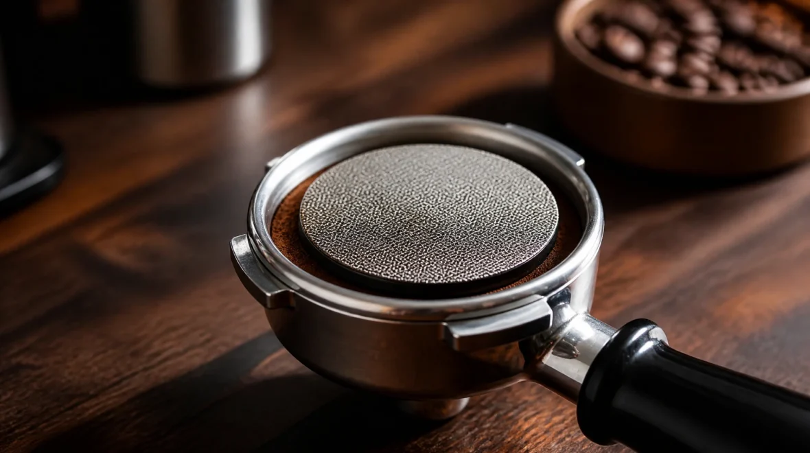 Stainless steel espresso puck screen on tamped coffee grounds in a portafilter basket