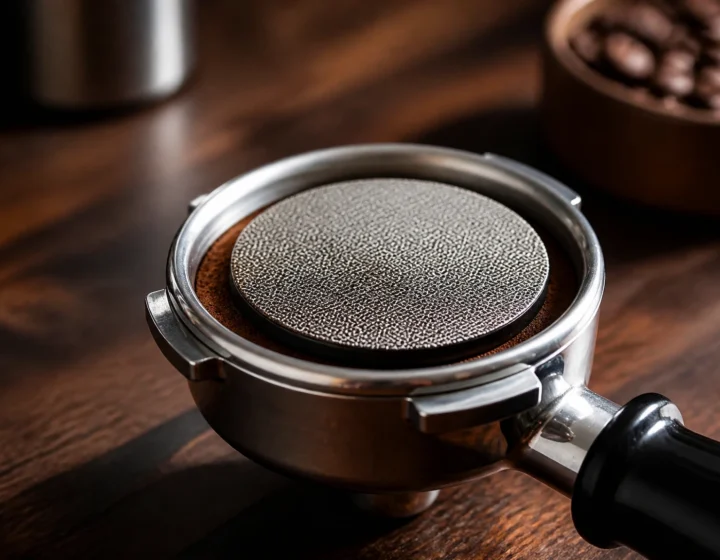 Stainless steel espresso puck screen on tamped coffee grounds in a portafilter basket