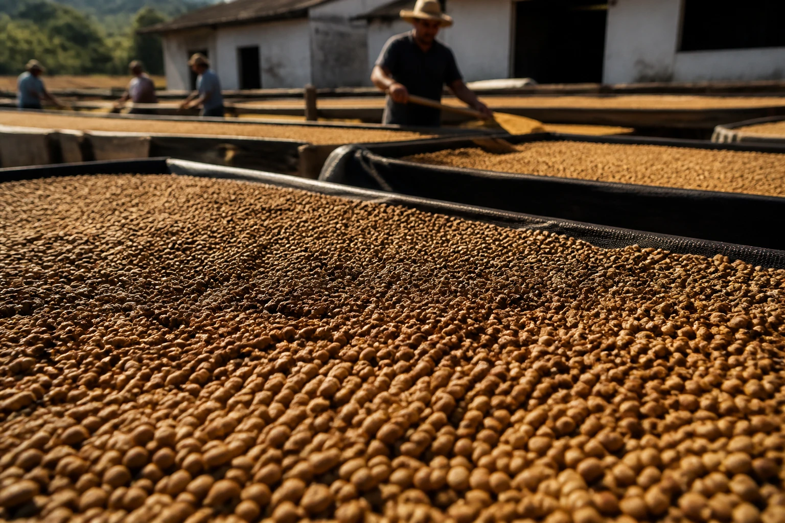 Coffee beans spread on raised drying beds at a Nicaraguan wet mill processing station