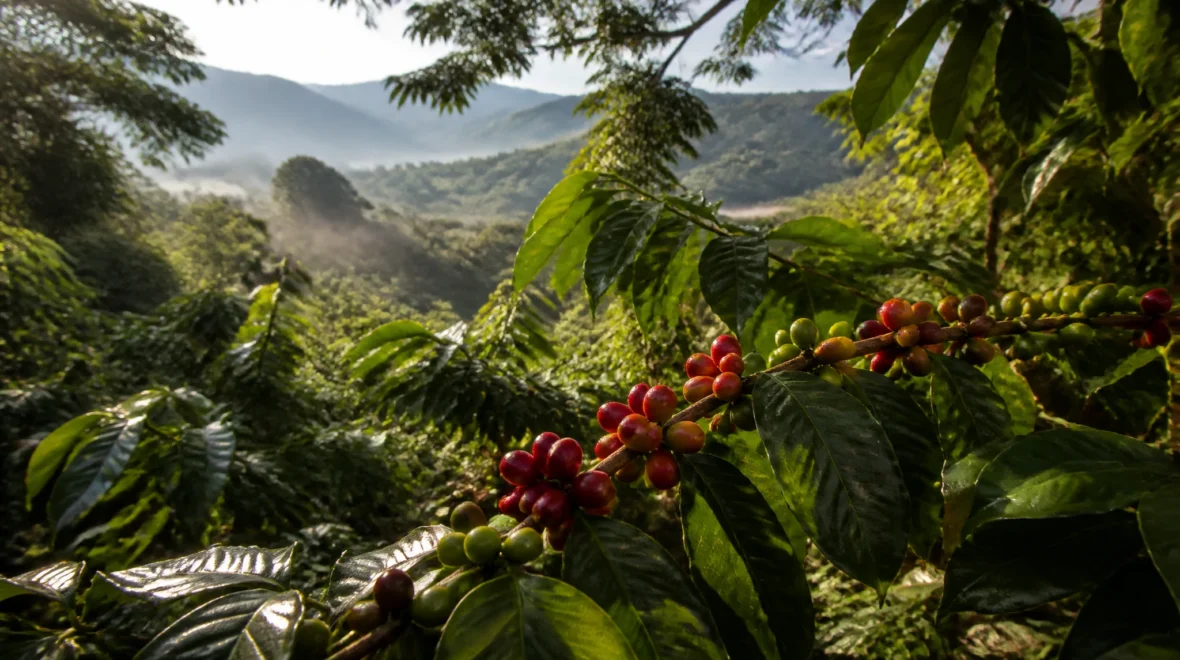 Ripe red coffee cherries on a branch in a high-altitude Nicaraguan coffee plantation with misty volcanic mountains in the background