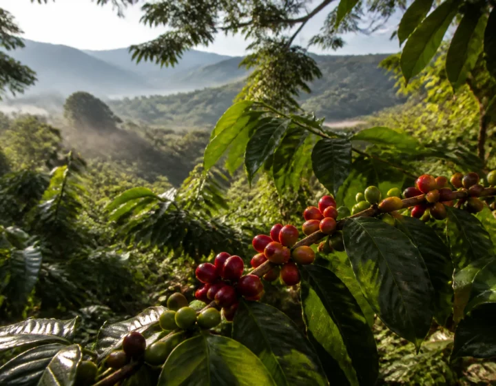 Ripe red coffee cherries on a branch in a high-altitude Nicaraguan coffee plantation with misty volcanic mountains in the background