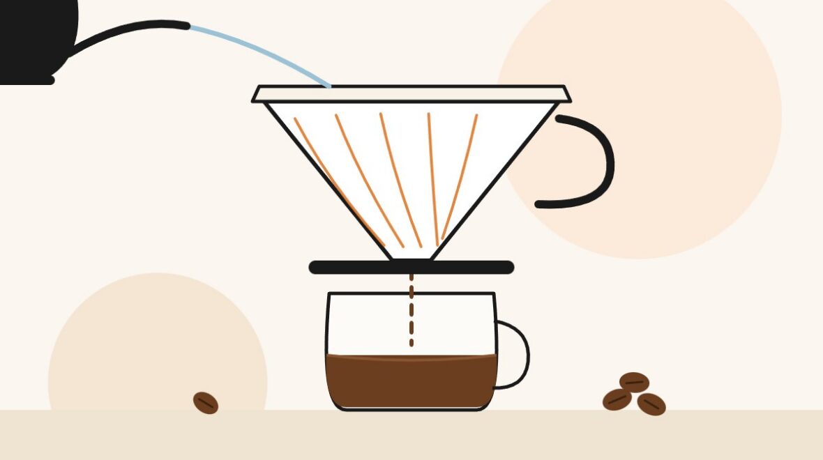 Illustration of a Hario V60 pour-over dripper brewing coffee into a glass mug