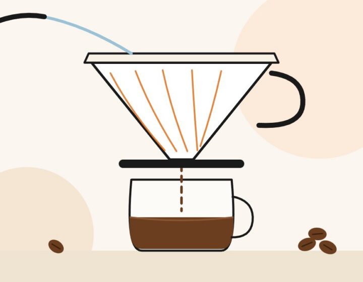 Illustration of a Hario V60 pour-over dripper brewing coffee into a glass mug