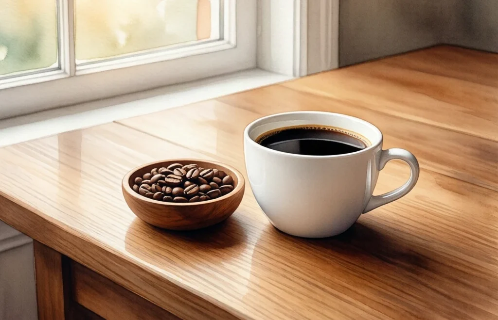 Watercolor illustration of a plain coffee cup beside a bowl of roasted beans on a wooden table.