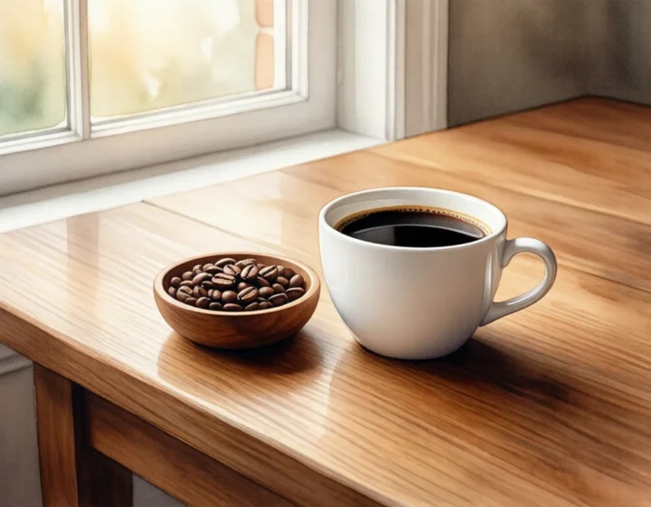 Watercolor illustration of a plain coffee cup beside a bowl of roasted beans on a wooden table.